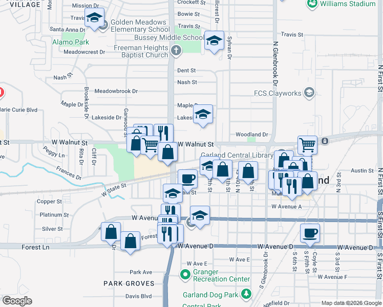 map of restaurants, bars, coffee shops, grocery stores, and more near 421 Ann Street in Garland