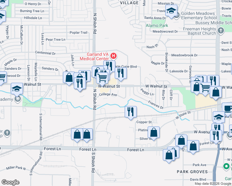 map of restaurants, bars, coffee shops, grocery stores, and more near 410 School Street in Garland