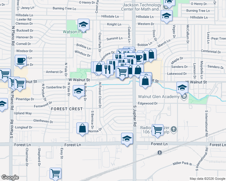 map of restaurants, bars, coffee shops, grocery stores, and more near 3617 Classic Drive in Garland