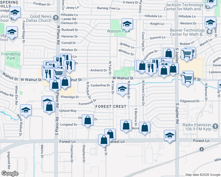 map of restaurants, bars, coffee shops, grocery stores, and more near 4005 Timberline Drive in Garland