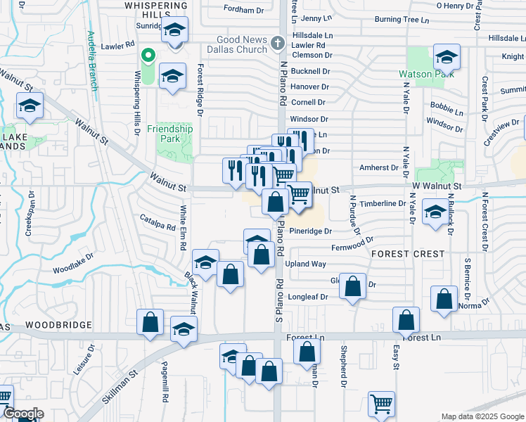map of restaurants, bars, coffee shops, grocery stores, and more near 10560 Walnut Street in Dallas