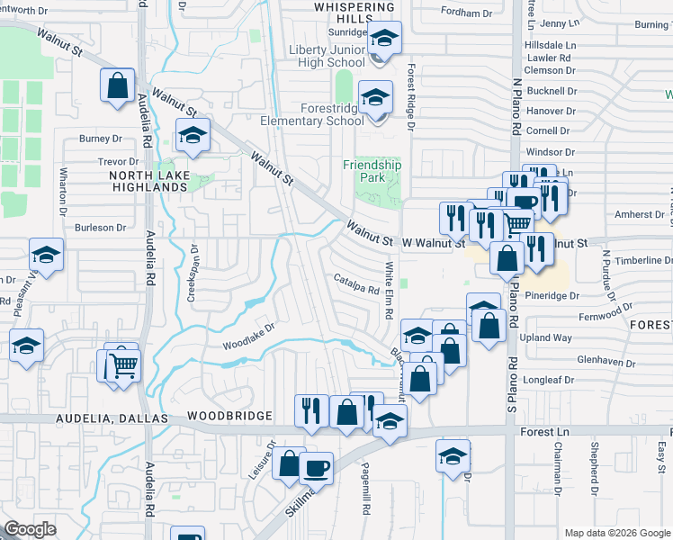 map of restaurants, bars, coffee shops, grocery stores, and more near 10738 Black Walnut Drive in Dallas