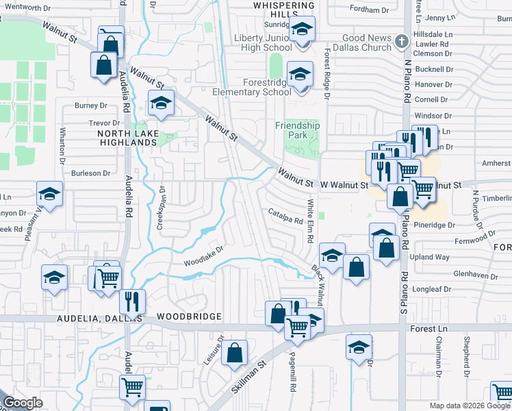 map of restaurants, bars, coffee shops, grocery stores, and more near 10738 Black Walnut Drive in Dallas