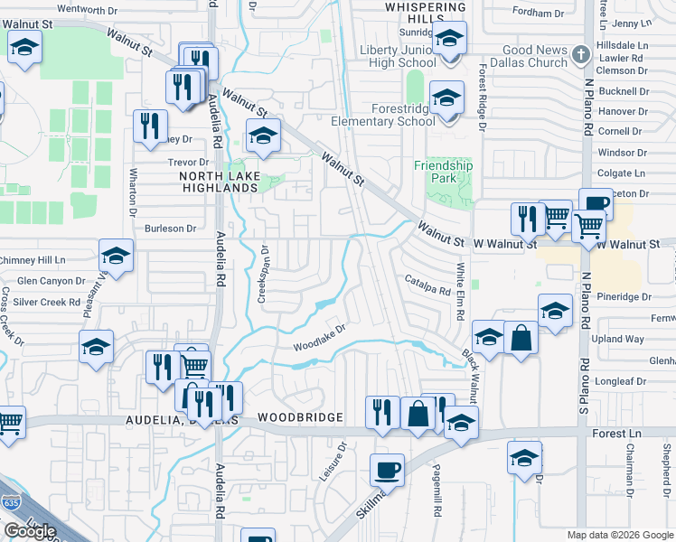map of restaurants, bars, coffee shops, grocery stores, and more near 10111 Candlebrook Drive in Dallas