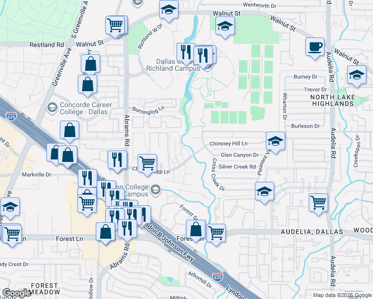 map of restaurants, bars, coffee shops, grocery stores, and more near 9806 Cross Creek Court in Dallas