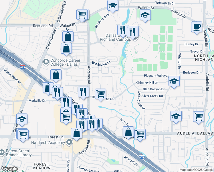 map of restaurants, bars, coffee shops, grocery stores, and more near 9655 Chimney Hill Lane in Dallas