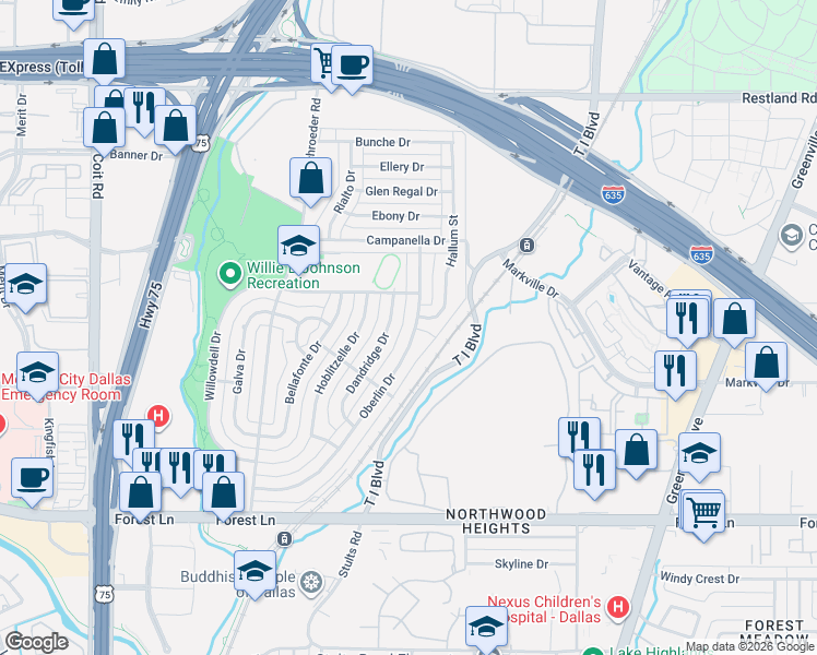 map of restaurants, bars, coffee shops, grocery stores, and more near 12322 Dandridge Drive in Dallas