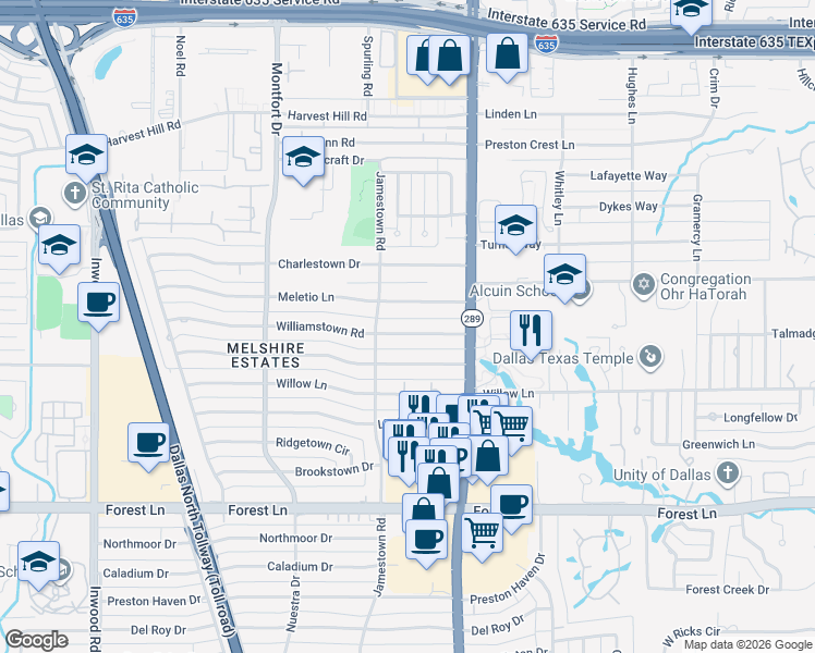 map of restaurants, bars, coffee shops, grocery stores, and more near 5948 Meletio Lane in Dallas