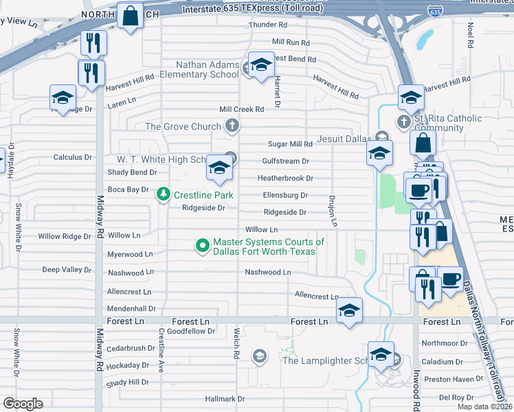 map of restaurants, bars, coffee shops, grocery stores, and more near 4624 Ellensburg Drive in Dallas