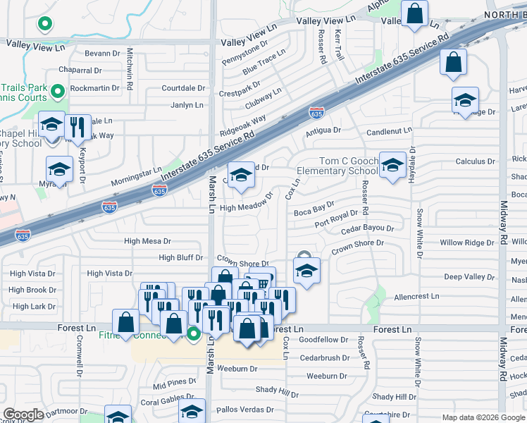 map of restaurants, bars, coffee shops, grocery stores, and more near 12449 High Meadow Drive in Dallas