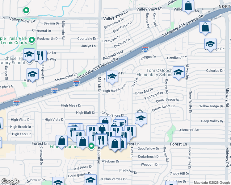 map of restaurants, bars, coffee shops, grocery stores, and more near 12449 High Meadow Drive in Dallas