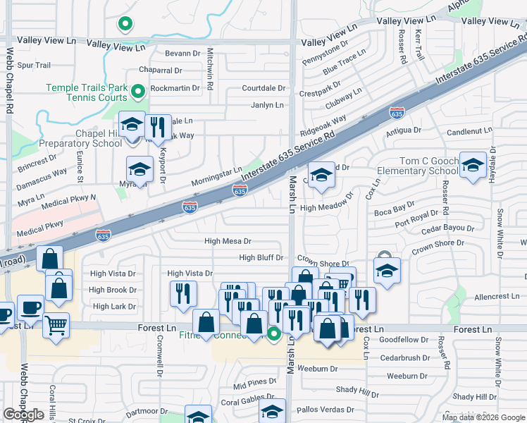 map of restaurants, bars, coffee shops, grocery stores, and more near 12343 High Meadow Place in Dallas