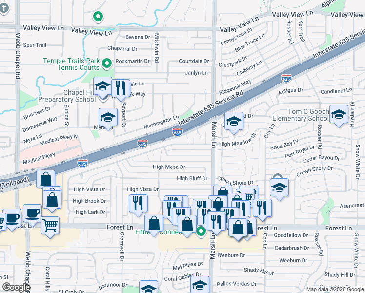 map of restaurants, bars, coffee shops, grocery stores, and more near 12343 High Meadow Place in Dallas