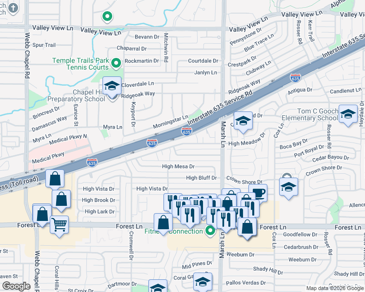 map of restaurants, bars, coffee shops, grocery stores, and more near 12315 High Meadow Drive in Dallas