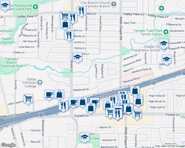 map of restaurants, bars, coffee shops, grocery stores, and more near 12229 Treeview Lane in Farmers Branch