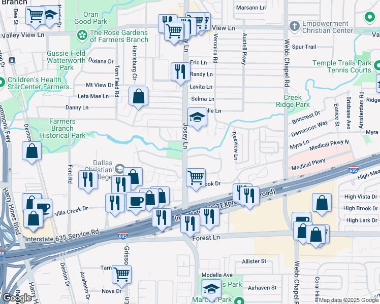 map of restaurants, bars, coffee shops, grocery stores, and more near in Farmers Branch