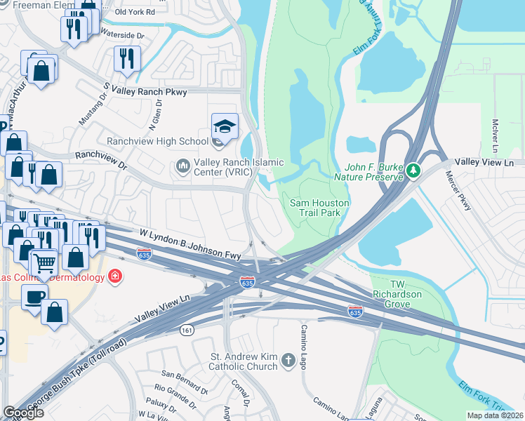 map of restaurants, bars, coffee shops, grocery stores, and more near 7923 Swenson Drive in Irving