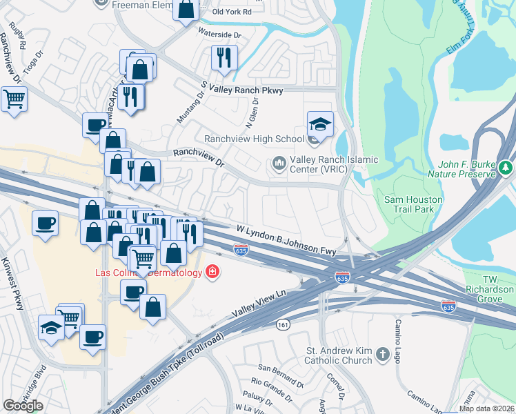 map of restaurants, bars, coffee shops, grocery stores, and more near 7934 North Glen Drive in Irving