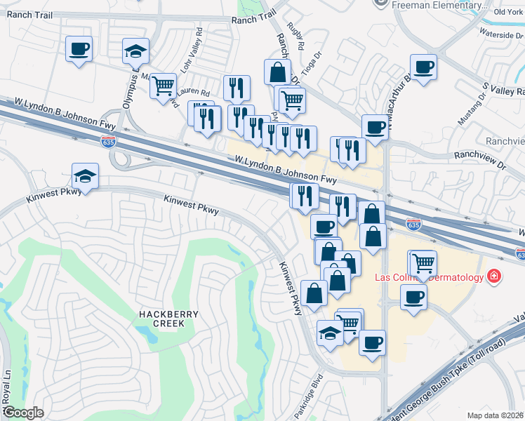 map of restaurants, bars, coffee shops, grocery stores, and more near 59 Liverpool Lane in Irving