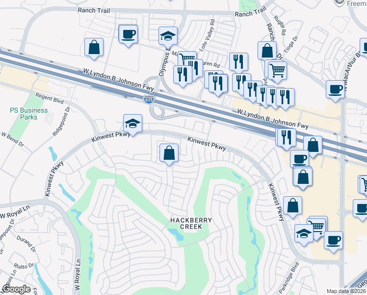 map of restaurants, bars, coffee shops, grocery stores, and more near 7730 Pine Street in Irving