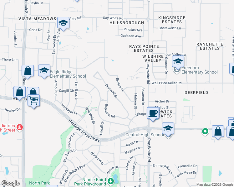 map of restaurants, bars, coffee shops, grocery stores, and more near 9809 Broiles Lane in Keller