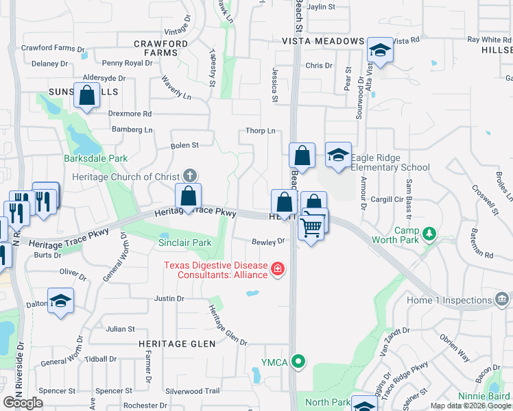 map of restaurants, bars, coffee shops, grocery stores, and more near 9721 Forney Trail in Fort Worth