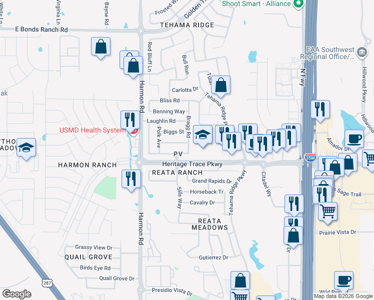 map of restaurants, bars, coffee shops, grocery stores, and more near 2152 Franks Street in Fort Worth