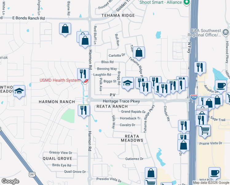 map of restaurants, bars, coffee shops, grocery stores, and more near 2152 Franks Street in Fort Worth