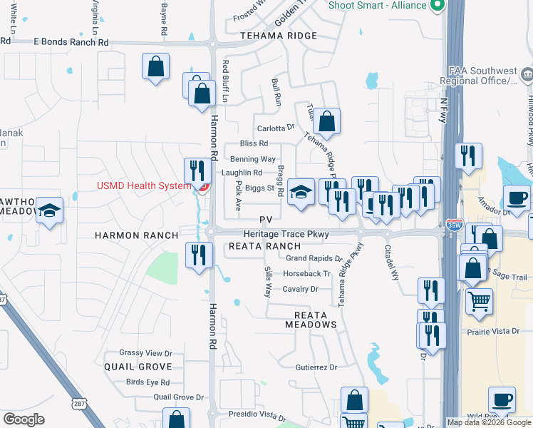 map of restaurants, bars, coffee shops, grocery stores, and more near 2120 Franks Street in Fort Worth