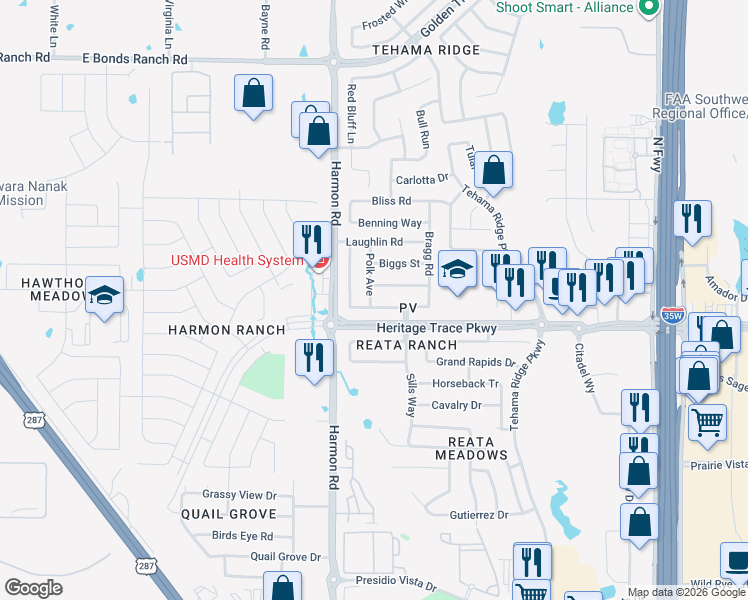 map of restaurants, bars, coffee shops, grocery stores, and more near 9620 Manassas Road in Fort Worth