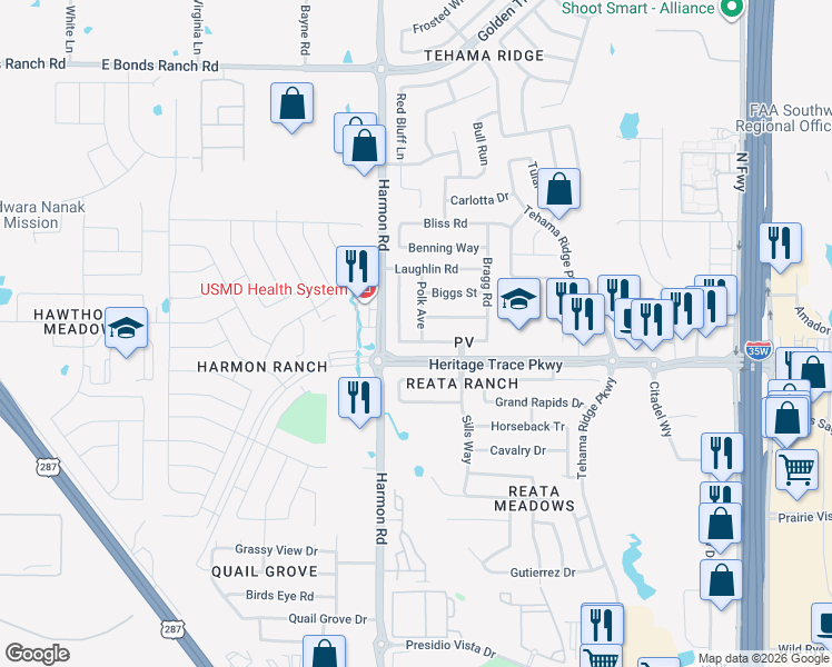 map of restaurants, bars, coffee shops, grocery stores, and more near 9620 Manassas Road in Fort Worth