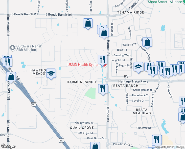 map of restaurants, bars, coffee shops, grocery stores, and more near 9672 Salvia Drive in Fort Worth