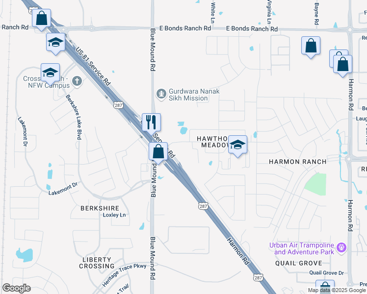 map of restaurants, bars, coffee shops, grocery stores, and more near 900 Blooming Prairie Trail in Fort Worth