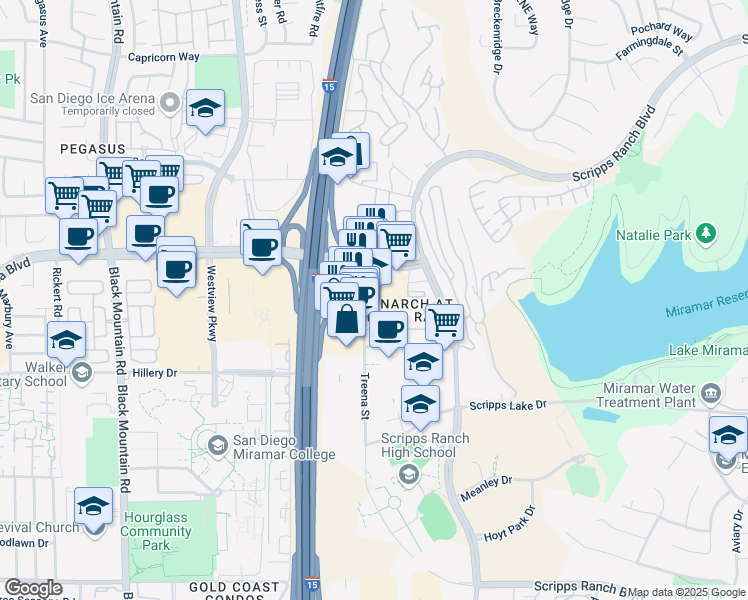 map of restaurants, bars, coffee shops, grocery stores, and more near 9821 Mira Mesa Boulevard in San Diego