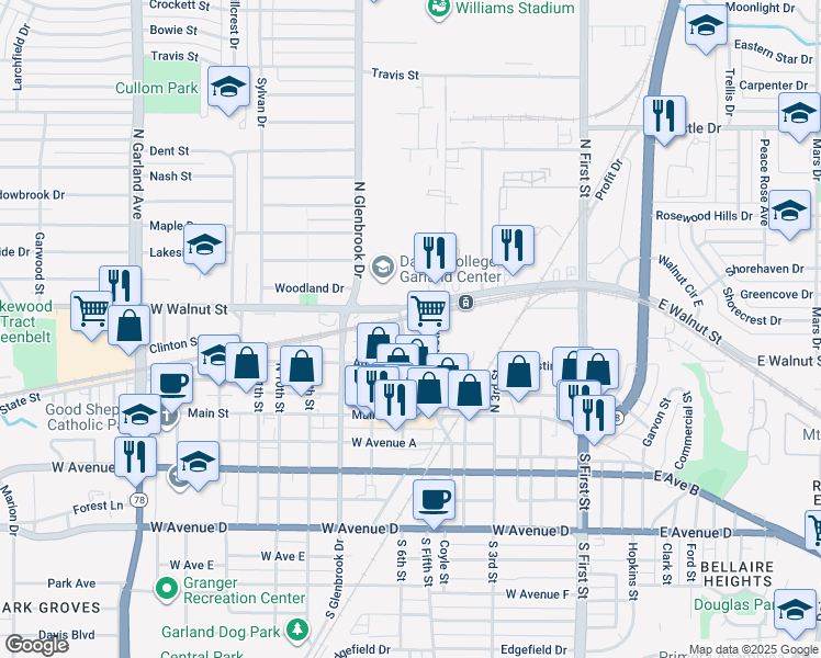 map of restaurants, bars, coffee shops, grocery stores, and more near 310 North 6th Street in Garland