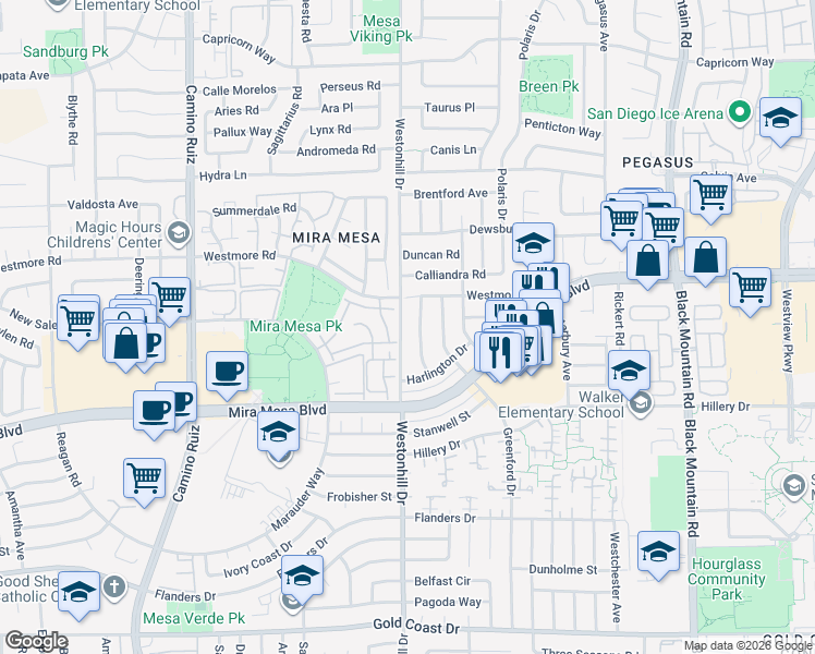 map of restaurants, bars, coffee shops, grocery stores, and more near 10853 Westonhill Drive in San Diego