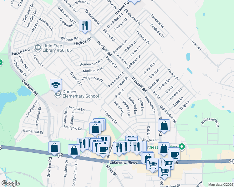 map of restaurants, bars, coffee shops, grocery stores, and more near 6221 Locust Street in Rowlett