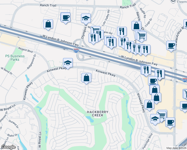 map of restaurants, bars, coffee shops, grocery stores, and more near 7730 Pine Street in Irving