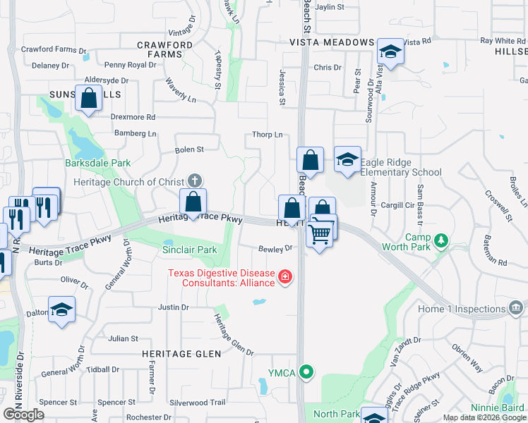 map of restaurants, bars, coffee shops, grocery stores, and more near 9721 Forney Trail in Fort Worth