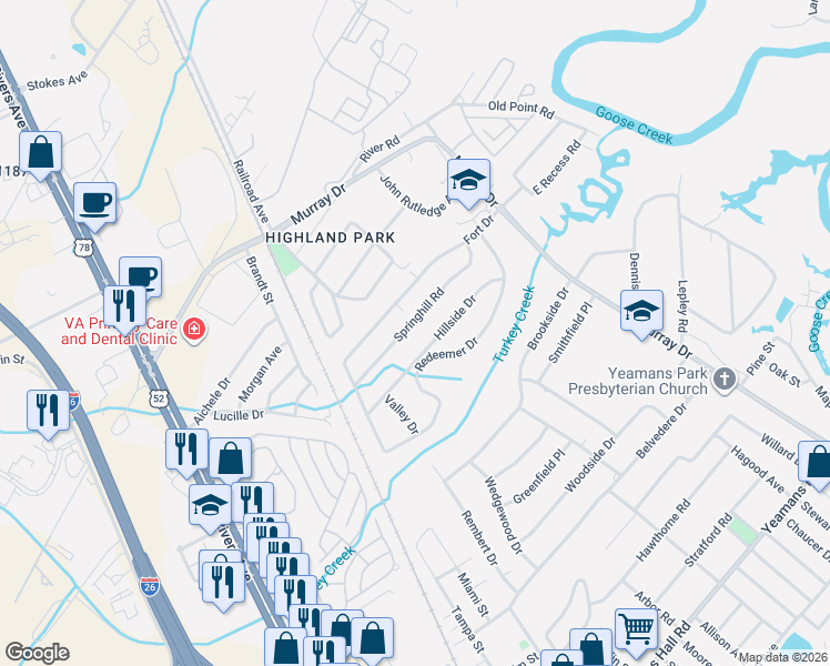 map of restaurants, bars, coffee shops, grocery stores, and more near 1228 Springhill Road in Hanahan