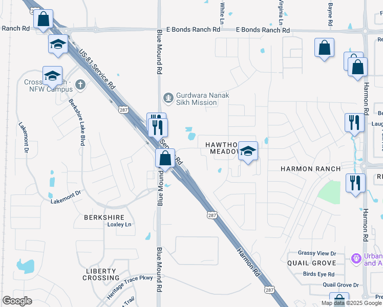 map of restaurants, bars, coffee shops, grocery stores, and more near 900 Blooming Prairie Trail in Fort Worth