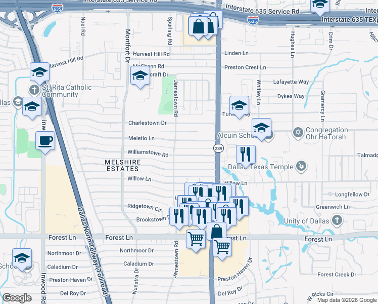 map of restaurants, bars, coffee shops, grocery stores, and more near 5948 Meletio Lane in Dallas