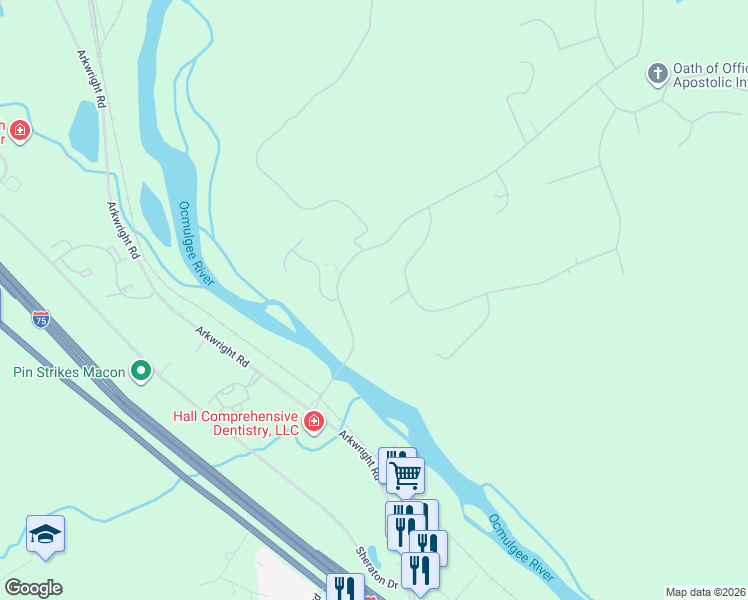 map of restaurants, bars, coffee shops, grocery stores, and more near 310 Plantation Court in Macon