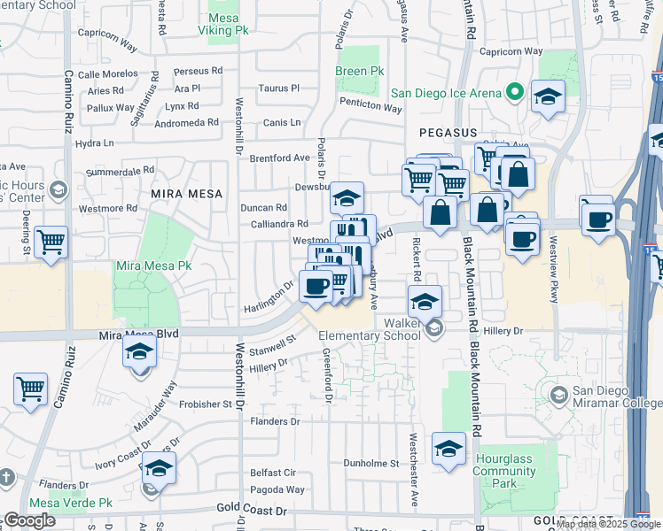 map of restaurants, bars, coffee shops, grocery stores, and more near 9047 Bogata Circle in San Diego