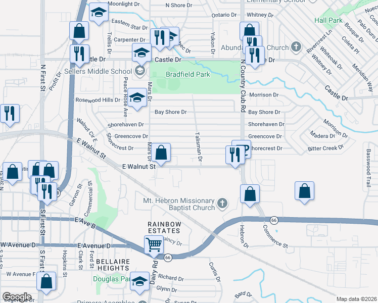 map of restaurants, bars, coffee shops, grocery stores, and more near 1017 Shorecrest Drive in Garland
