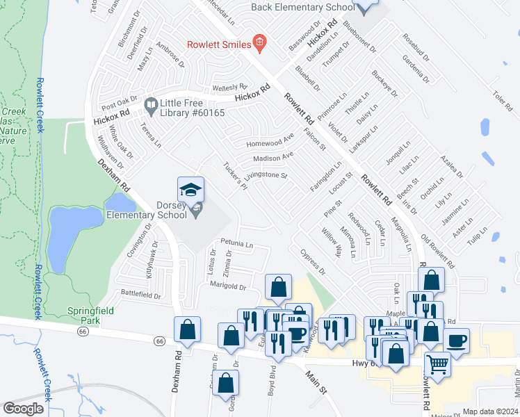 map of restaurants, bars, coffee shops, grocery stores, and more near 6205 Tucker's Place in Rowlett