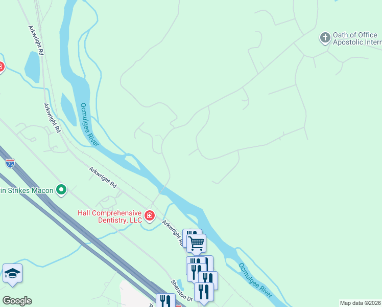 map of restaurants, bars, coffee shops, grocery stores, and more near 310 Plantation Court in Macon