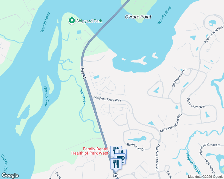 map of restaurants, bars, coffee shops, grocery stores, and more near 2945 Minnow Lane in Mount Pleasant