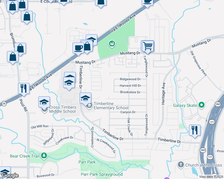 map of restaurants, bars, coffee shops, grocery stores, and more near 2134 Westbrook Drive in Grapevine