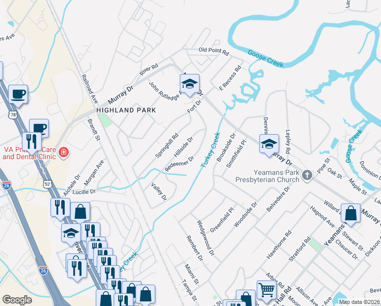 map of restaurants, bars, coffee shops, grocery stores, and more near 1226 Hillside Drive in Hanahan